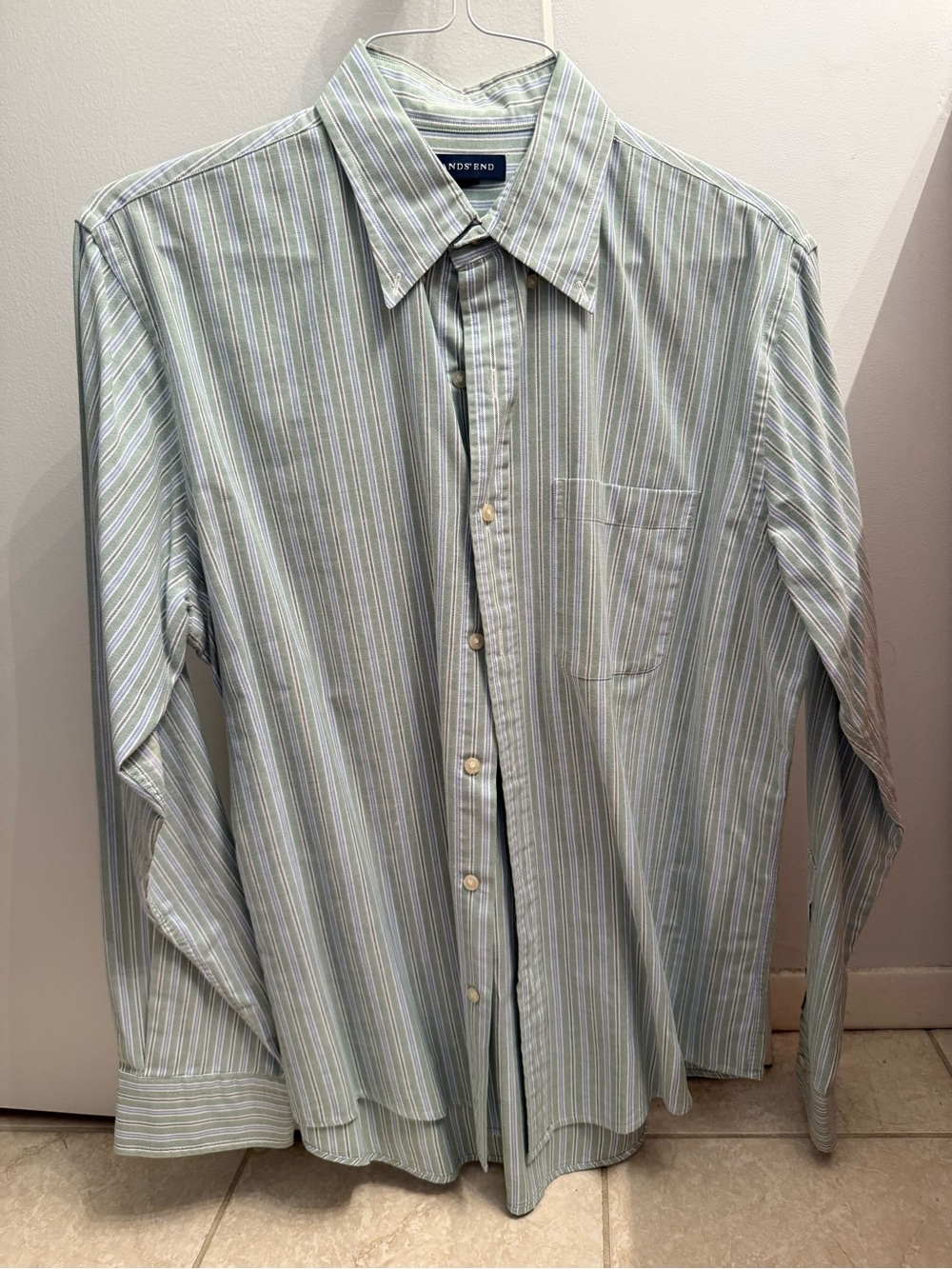 Lands' End Men's Green and White Striped Button-Up Shirt